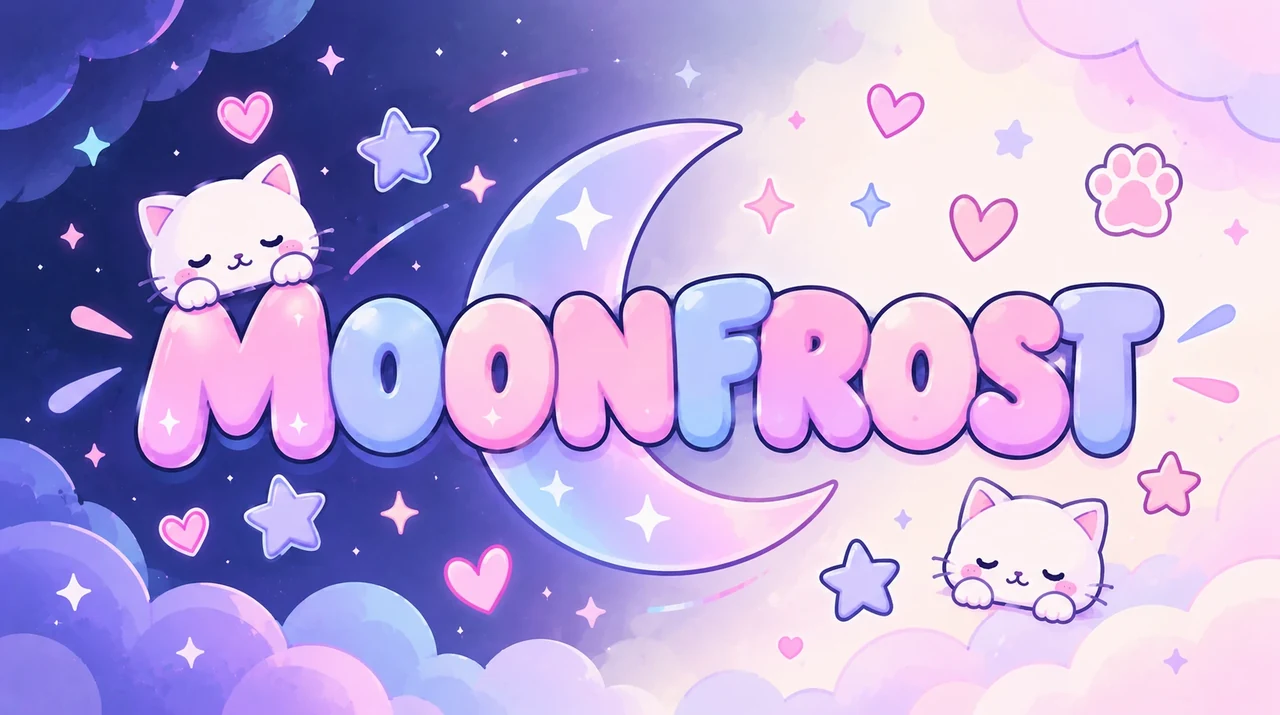 Moonfrost AI thumbnail: a crescent moon and two sleepy kittens in pastel clouds