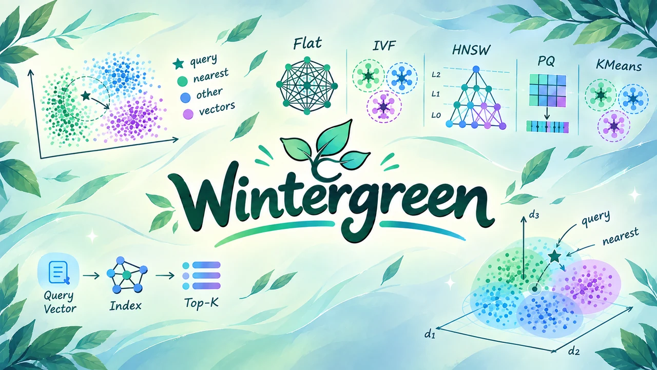 Wintergreen thumbnail: diagrams of Flat, IVF, HNSW, PQ and k-means indexes around the Wintergreen logo